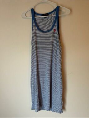 Ralph Lauren Blue & White Striped Tank Dress with Pink Pony Logo